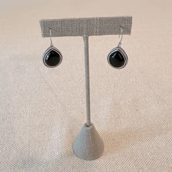 Sterling Silver Black Onyx Teardrop Dangle Earrings French Wire Classic - Picture 3 of 10